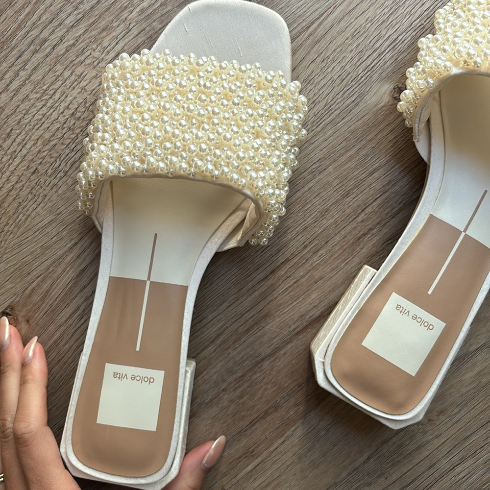 Dolce Vita Pearl-Beaded Cream Slide Sandals - Picture 3 of 7